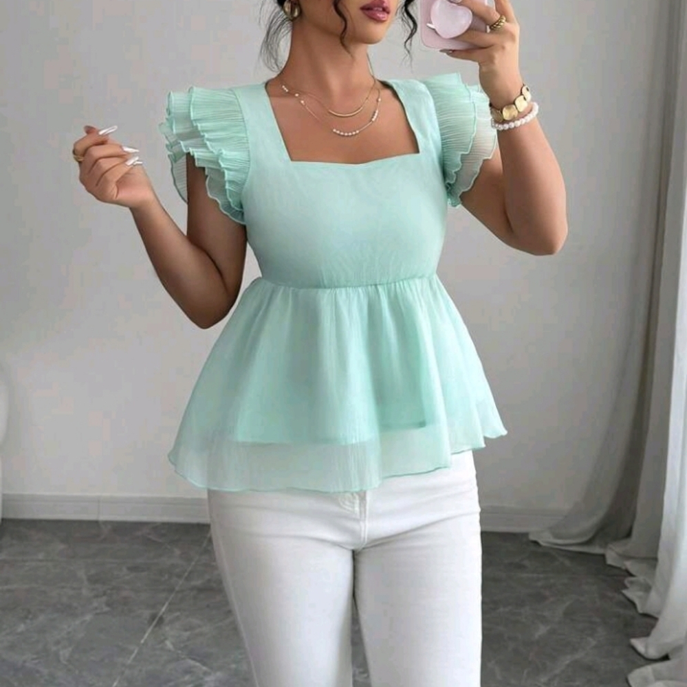 Neck Cap Sleeve Splice Women's Blouse - Picture 3 of 4